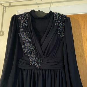 Dark navy blue chiffon maxi dress with beads embroidery